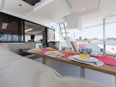 Deck of HERMES, a Fountaine Pajot Saona 47 catamaran at Grad Kaštela, Croatia