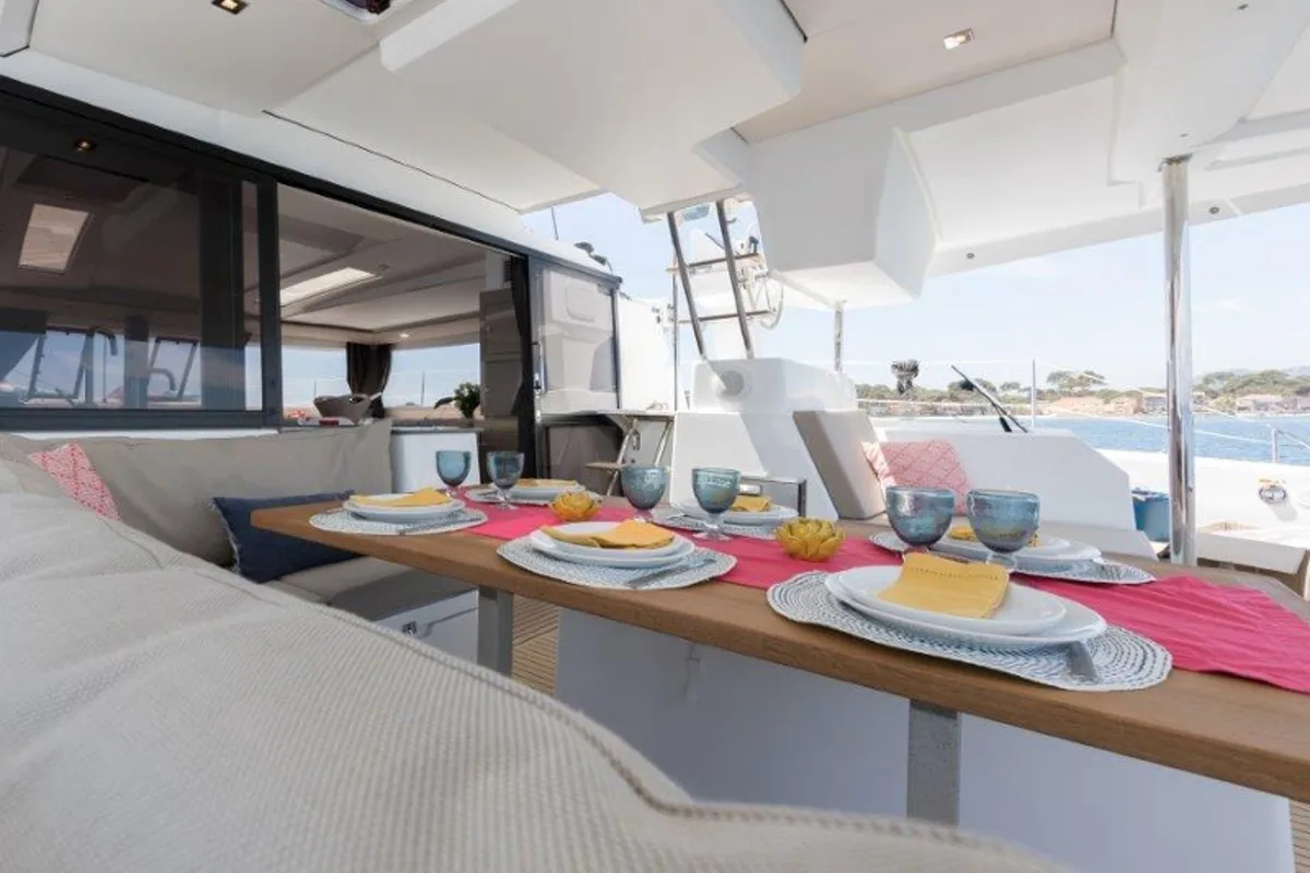 Deck of HERMES, a Fountaine Pajot Saona 47 catamaran at Grad Kaštela, Croatia