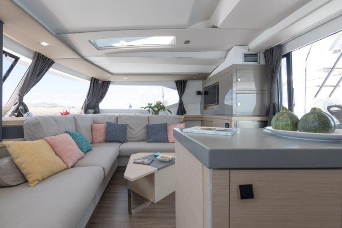 Salon of HERMES, a Fountaine Pajot Saona 47 catamaran at Grad Kaštela, Croatia