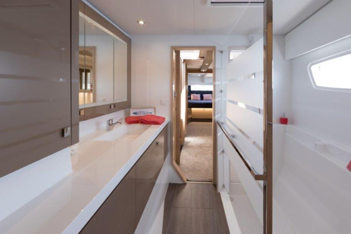 Head on HERMES, a Fountaine Pajot Saona 47 catamaran at Grad Kaštela, Croatia