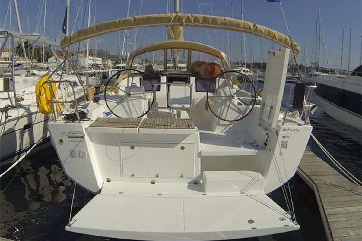 Cockpit of Pinacolada, a Dufour 460 GL sailboat at Milazzo, Italy