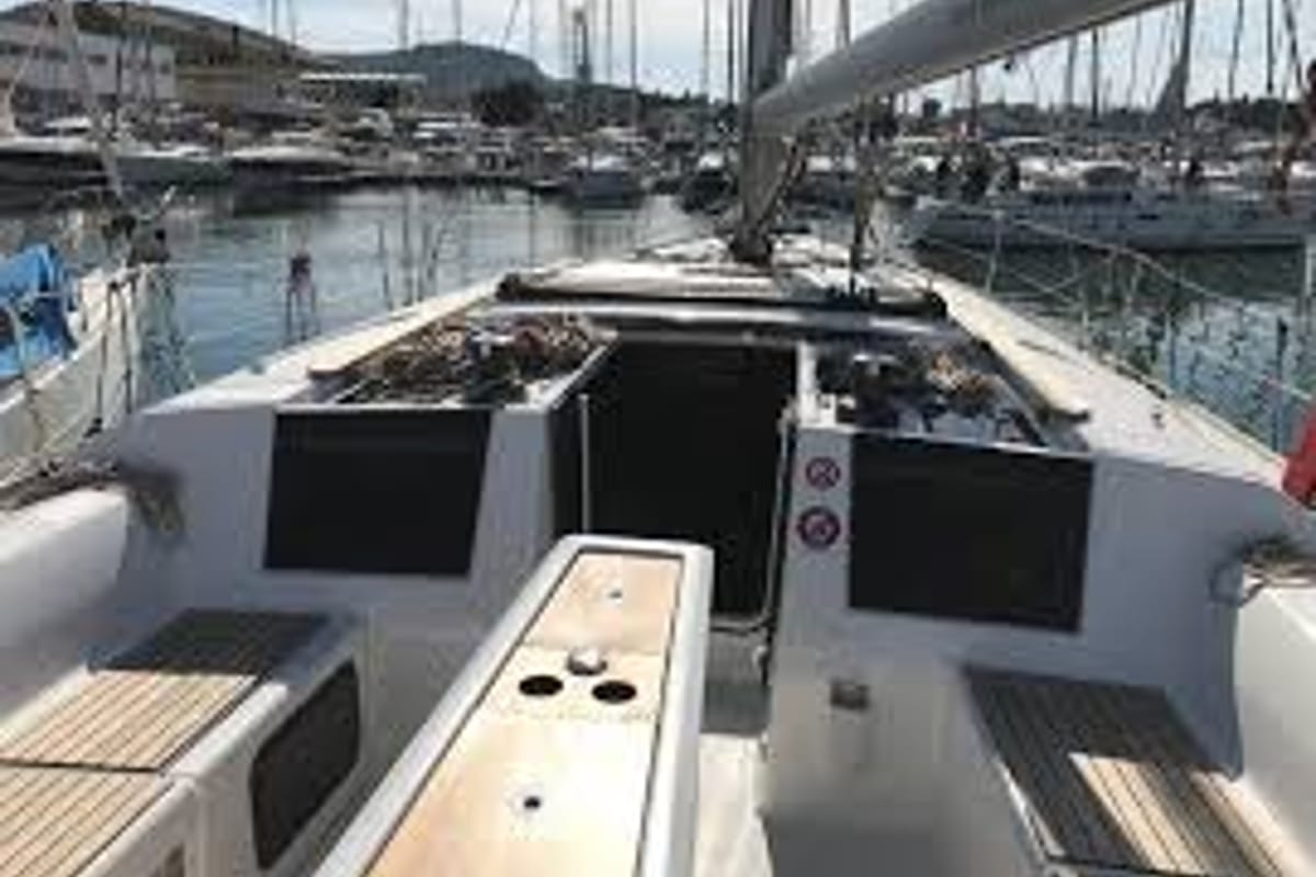 Deck of Pinacolada, a Dufour 460 GL sailboat at Milazzo, Italy