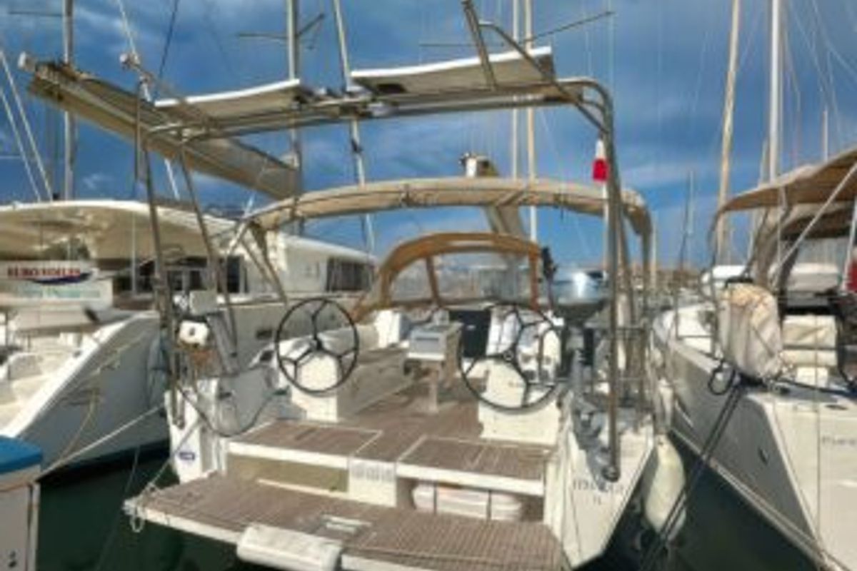 Cockpit of Ithaque, a Dufour 382 GL sailboat at Toulon, France