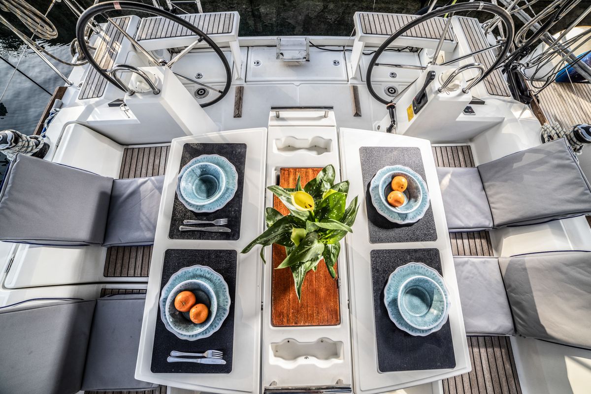 Cockpit of Rania, a Beneteau Oceanis 38.1 sailboat at Athens, Greece
