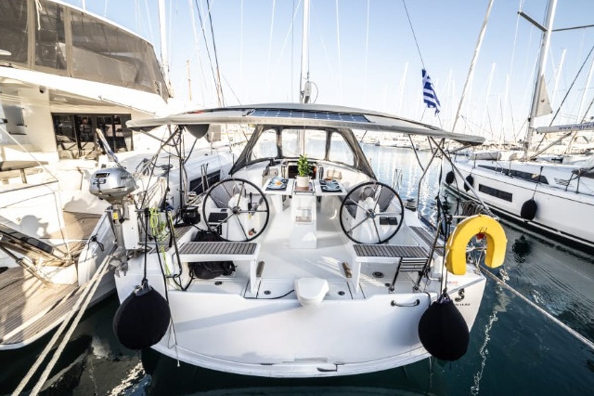Exterior view of Rania, a Beneteau Oceanis 38.1 sailboat at Athens, Greece