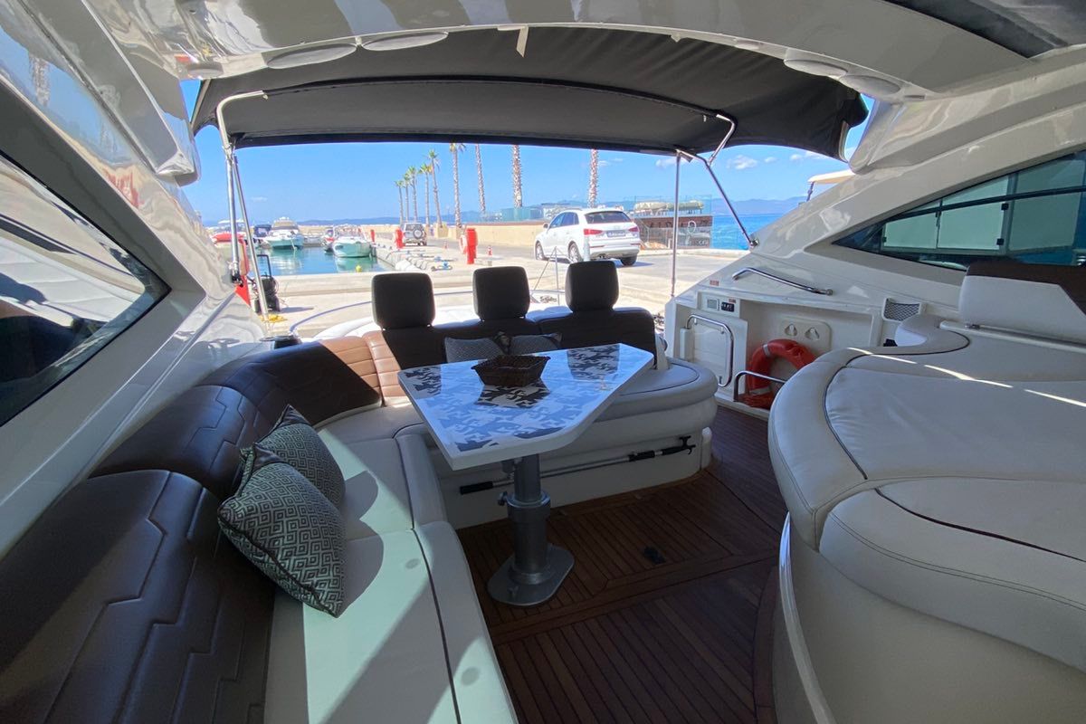 Deck of Lia, a Azimut Atlantis 55 motorboat at Pallini Municipal Unit, Greece