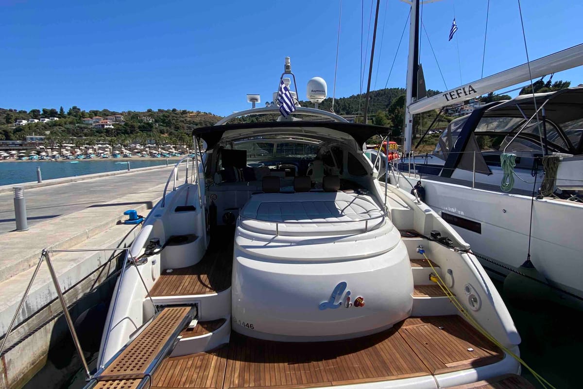 Deck of Lia, a Azimut Atlantis 55 motorboat at Pallini Municipal Unit, Greece