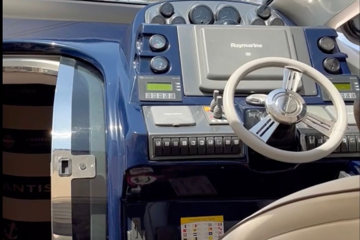 Cockpit of Lia, a Azimut Atlantis 55 motorboat at Pallini Municipal Unit, Greece