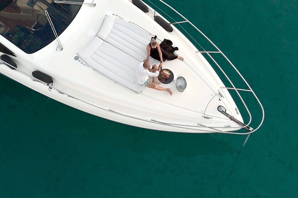 Deck of Lia, a Azimut Atlantis 55 motorboat at Pallini Municipal Unit, Greece