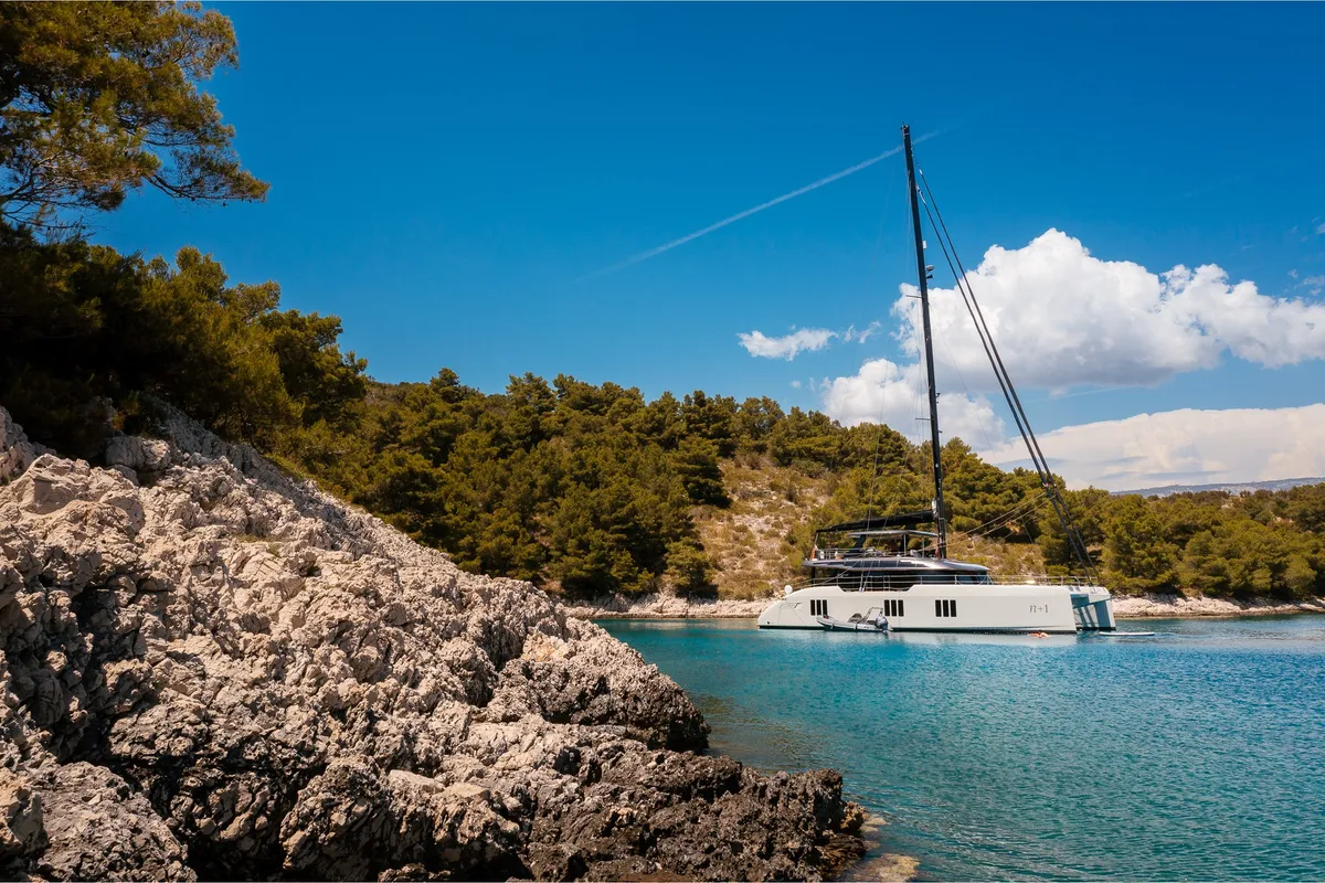 Exterior view of n + 1, a Sunreef Yachts Sunreef 70 catamaran at Grad Kaštela, Croatia