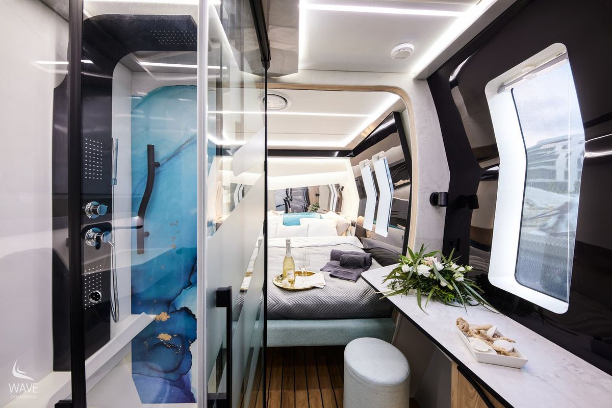 Cabin on Wave, a Wave Catamarans Wave 50 catamaran at Olbia, Italy
