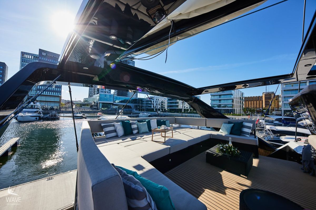 Deck of Wave, a Wave Catamarans Wave 50 catamaran at Olbia, Italy