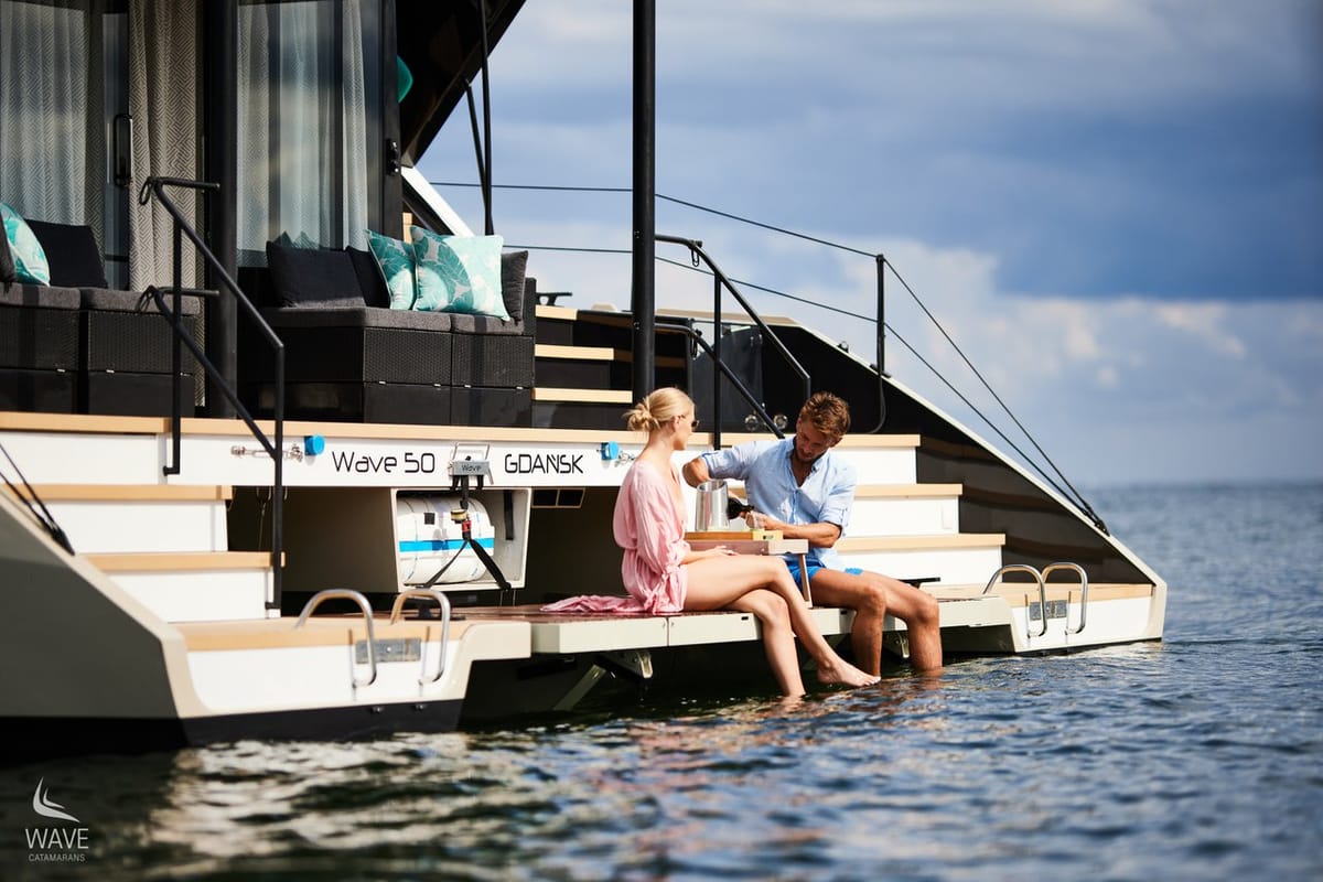Exterior view of Wave, a Wave Catamarans Wave 50 catamaran at Olbia, Italy