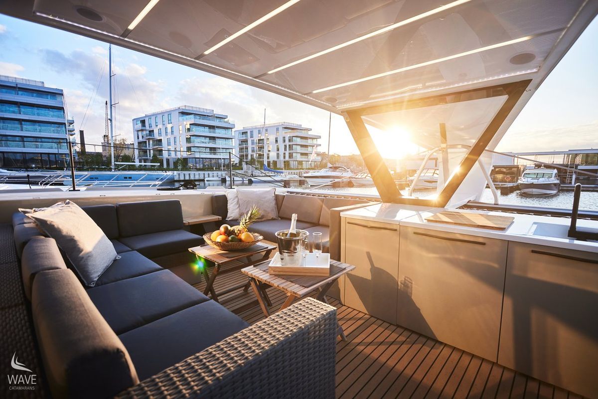 Deck of Wave, a Wave Catamarans Wave 50 catamaran at Olbia, Italy