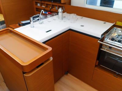 Galley of Aquamarine, a Jeanneau Sun Odyssey 410 sailboat at Municipal Unit of Lefkada, Greece