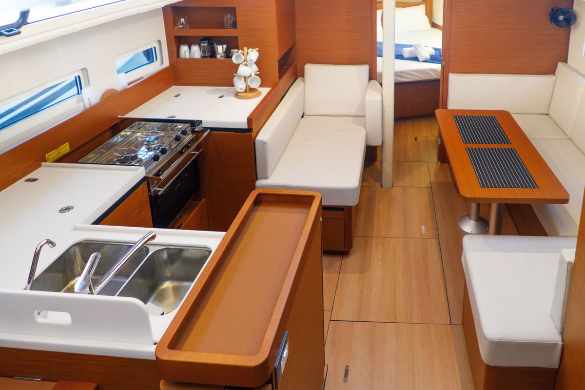 Galley of Aquamarine, a Jeanneau Sun Odyssey 410 sailboat at Municipal Unit of Lefkada, Greece