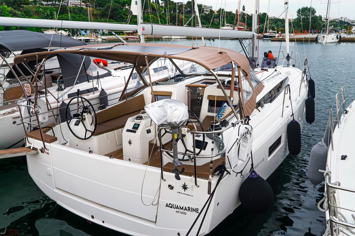 Exterior view of Aquamarine, a Jeanneau Sun Odyssey 410 sailboat at Municipal Unit of Lefkada, Greece
