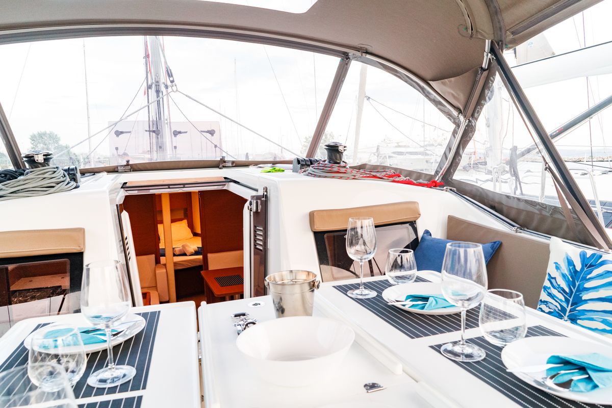 Deck of Aquamarine, a Jeanneau Sun Odyssey 410 sailboat at Municipal Unit of Lefkada, Greece