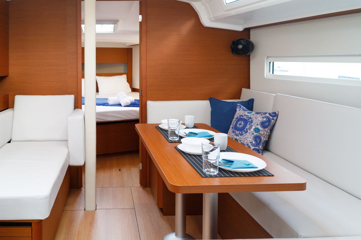 Salon of Aquamarine, a Jeanneau Sun Odyssey 410 sailboat at Municipal Unit of Lefkada, Greece
