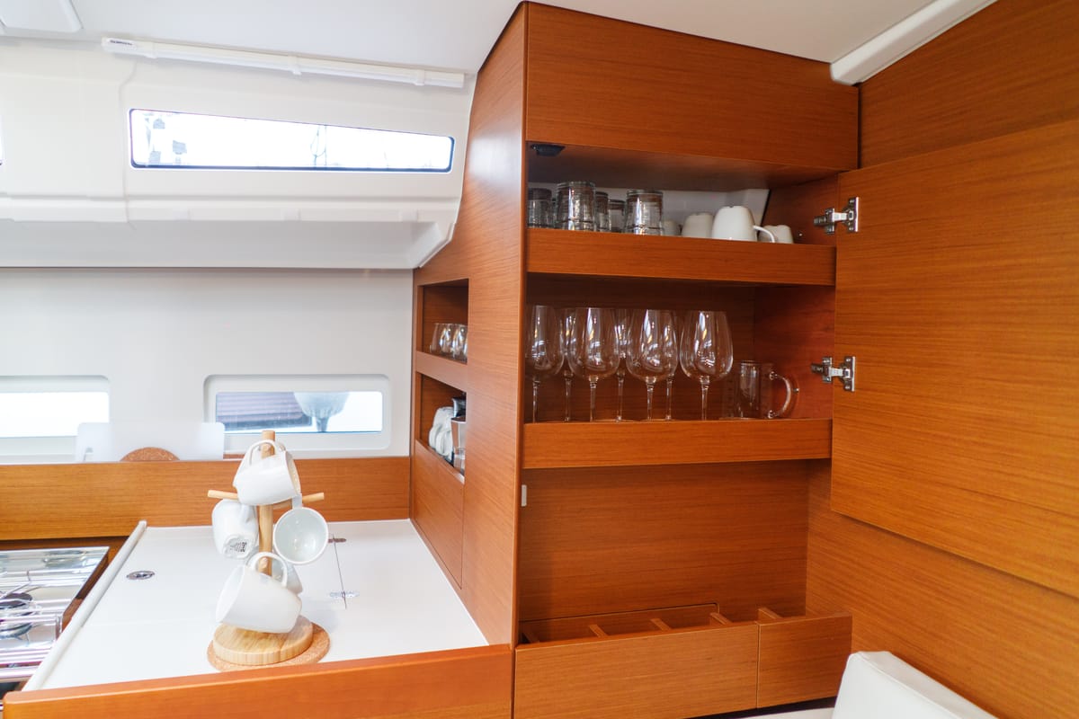 Galley of Aquamarine, a Jeanneau Sun Odyssey 410 sailboat at Municipal Unit of Lefkada, Greece