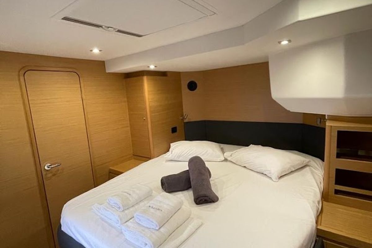 Cabin on Blue Horizon, a Dufour 48 Catamaran catamaran at Preveza, Greece