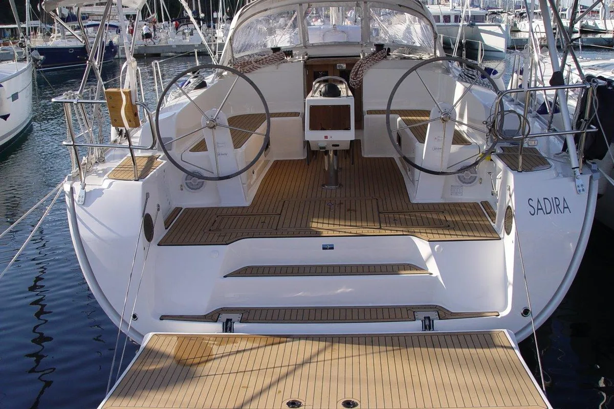 Cockpit of Fenice, a Bavaria Cruiser 46 sailboat at Olbia, Italy