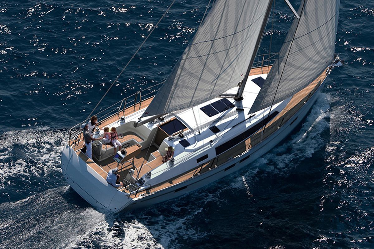 Exterior view of Fenice, a Bavaria Cruiser 46 sailboat at Olbia, Italy