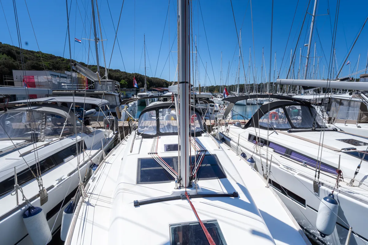 Deck of Cetus, a Dufour 382 Grand Large sailboat at Grad Pula, Croatia