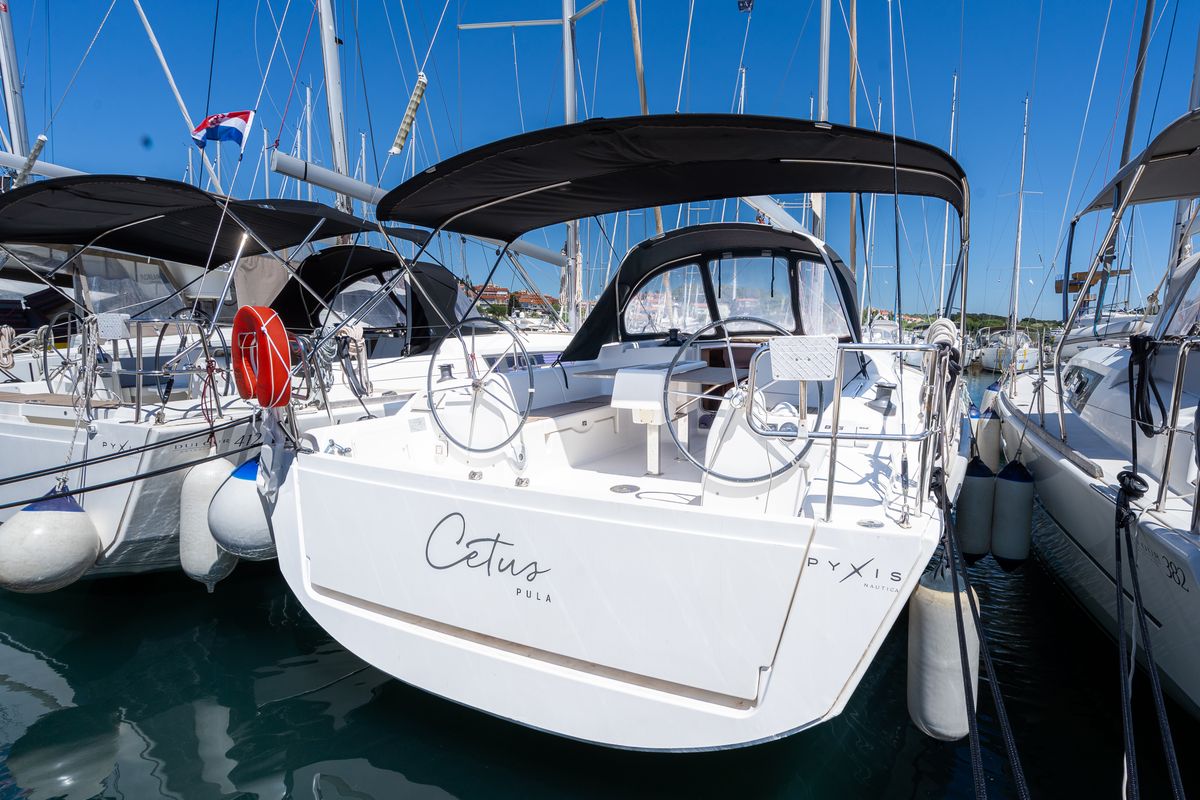 Exterior view of Cetus, a Dufour 382 Grand Large sailboat at Grad Pula, Croatia