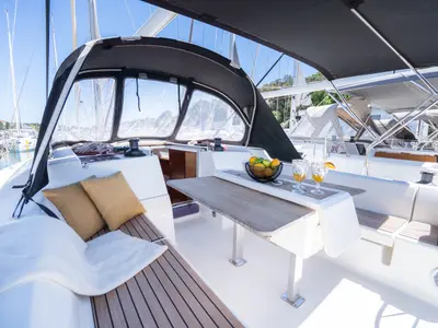 Deck of Cetus, a Dufour 382 Grand Large sailboat at Grad Pula, Croatia