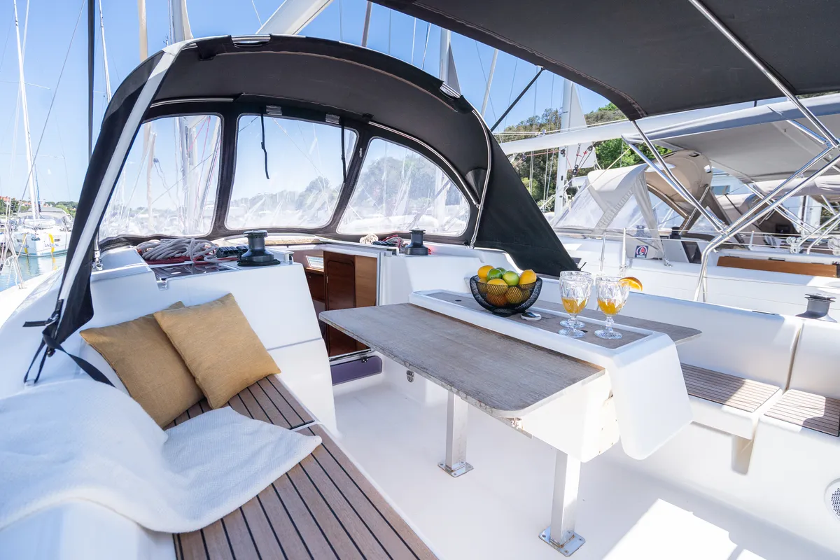Deck of Cetus, a Dufour 382 Grand Large sailboat at Grad Pula, Croatia