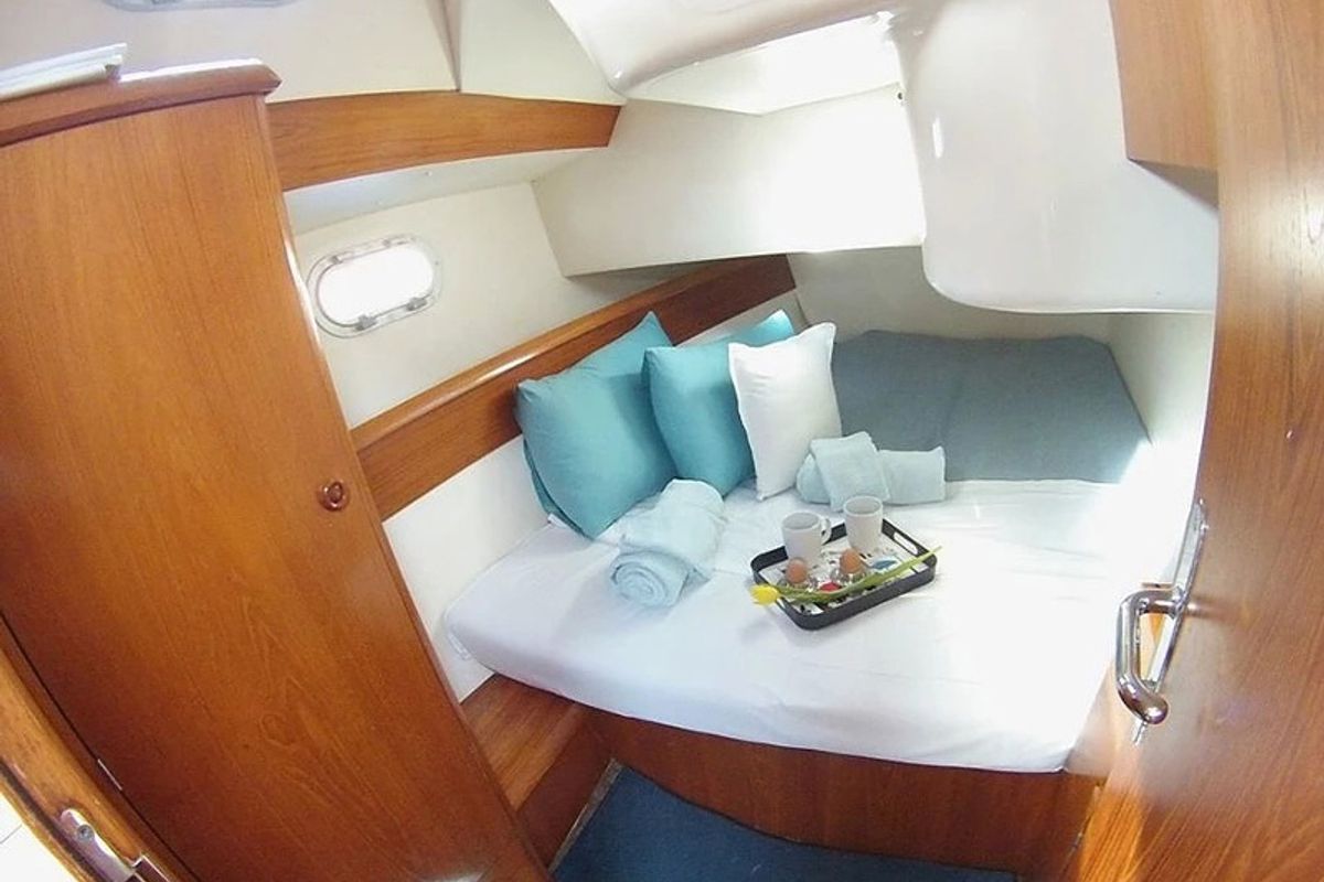 Cabin on Pythagoras, a Jeanneau Sun Odyssey 36.2 sailboat at Piraeus, Greece