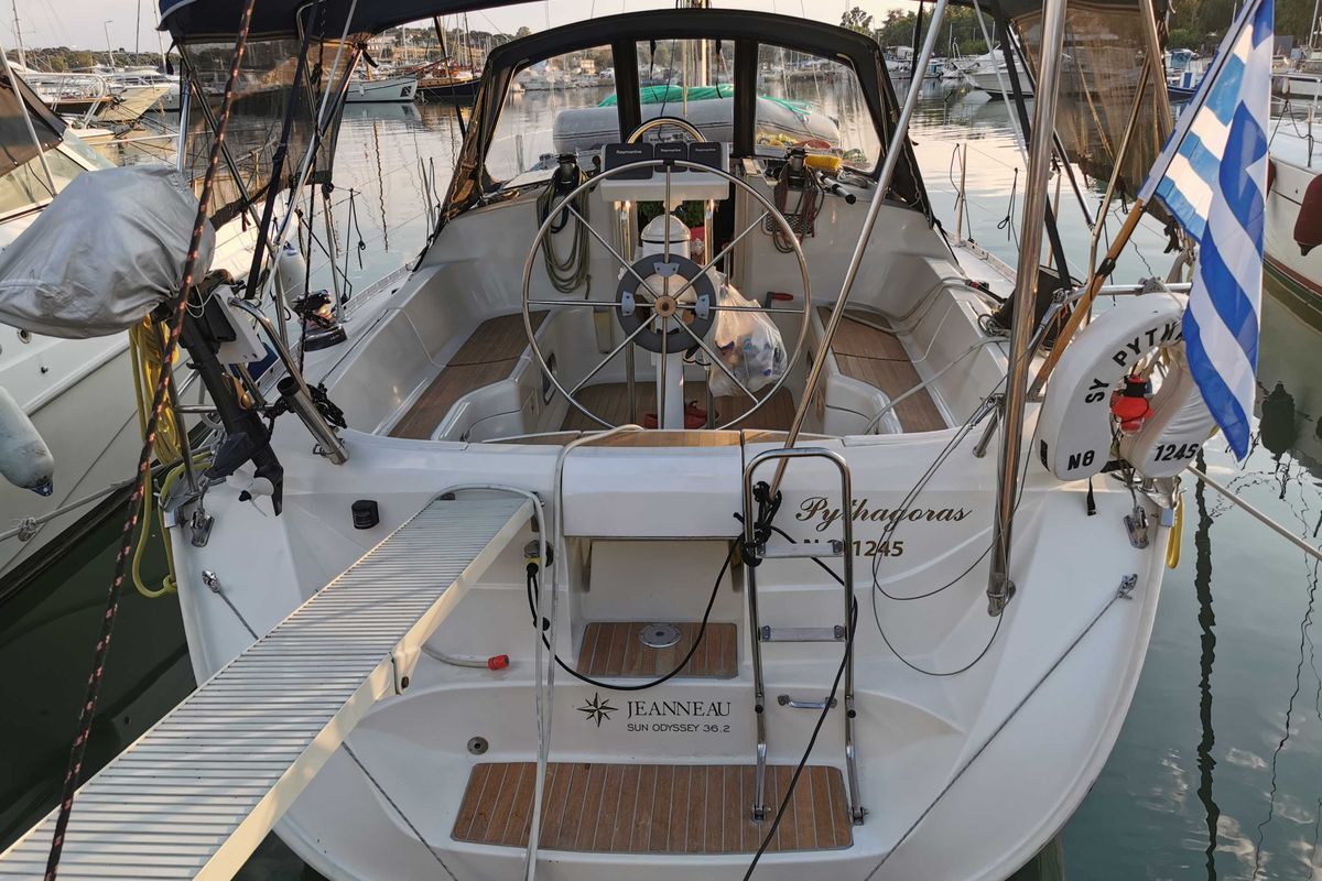 Cockpit of Pythagoras, a Jeanneau Sun Odyssey 36.2 sailboat at Piraeus, Greece