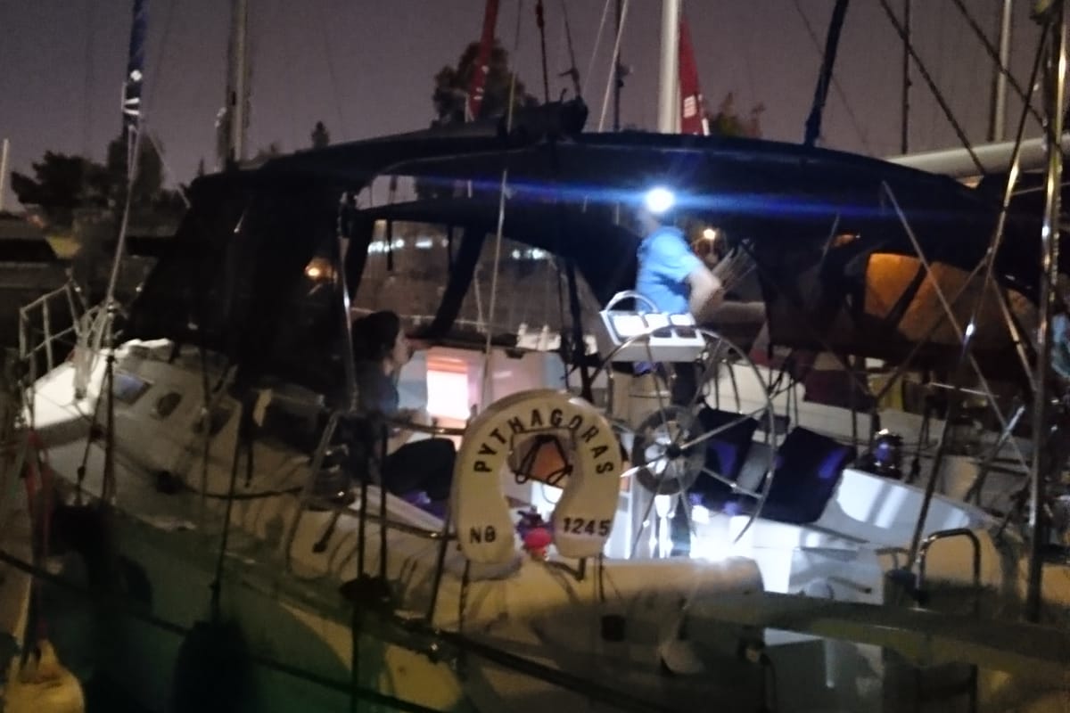Exterior view of Pythagoras, a Jeanneau Sun Odyssey 36.2 sailboat at Piraeus, Greece