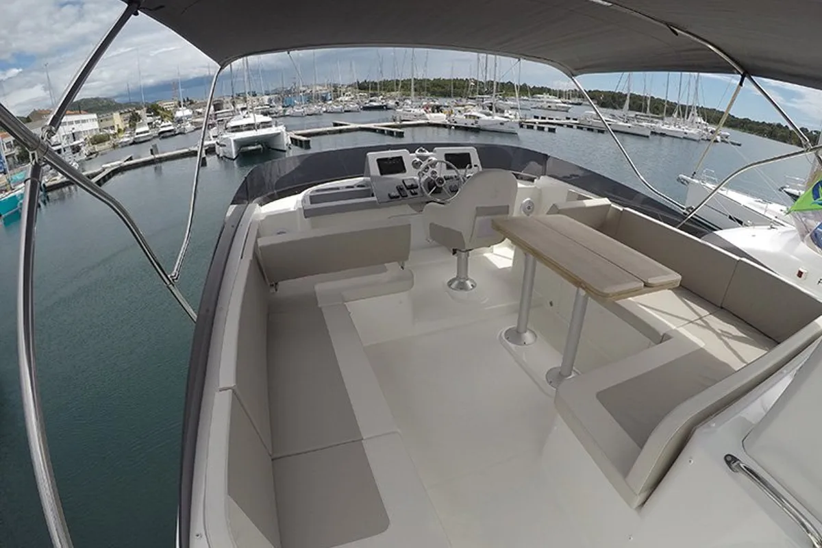 Cockpit of Ocean Dreamer, a Beneteau Swift Trawler 47 yacht at Grad Šibenik, Croatia