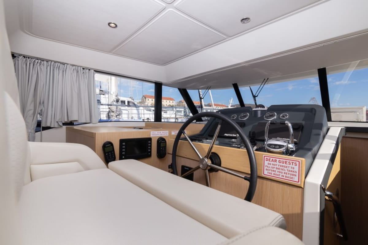 Cockpit of Ocean Dreamer, a Beneteau Swift Trawler 47 yacht at Grad Šibenik, Croatia