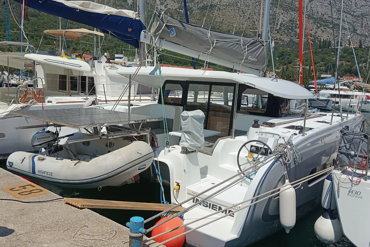 Exterior view of Insieme, a Excess 11 catamaran at Dubrovnik, Croatia