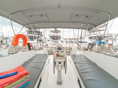 Cockpit of Laertis, a Bavaria Cruiser 41 sailboat at Volos Municipality, Greece