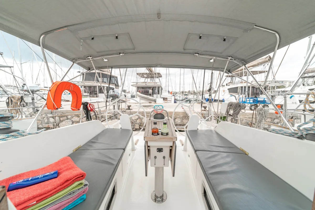 Cockpit of Laertis, a Bavaria Cruiser 41 sailboat at Volos Municipality, Greece