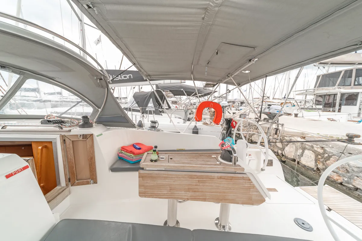 Cockpit of Laertis, a Bavaria Cruiser 41 sailboat at Volos Municipality, Greece