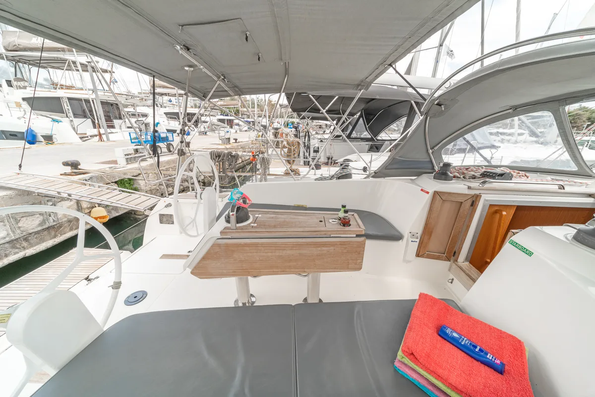 Cockpit of Laertis, a Bavaria Cruiser 41 sailboat at Volos Municipality, Greece