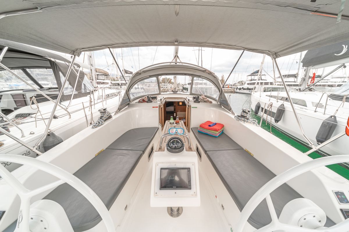 Cockpit of Laertis, a Bavaria Cruiser 41 sailboat at Volos Municipality, Greece