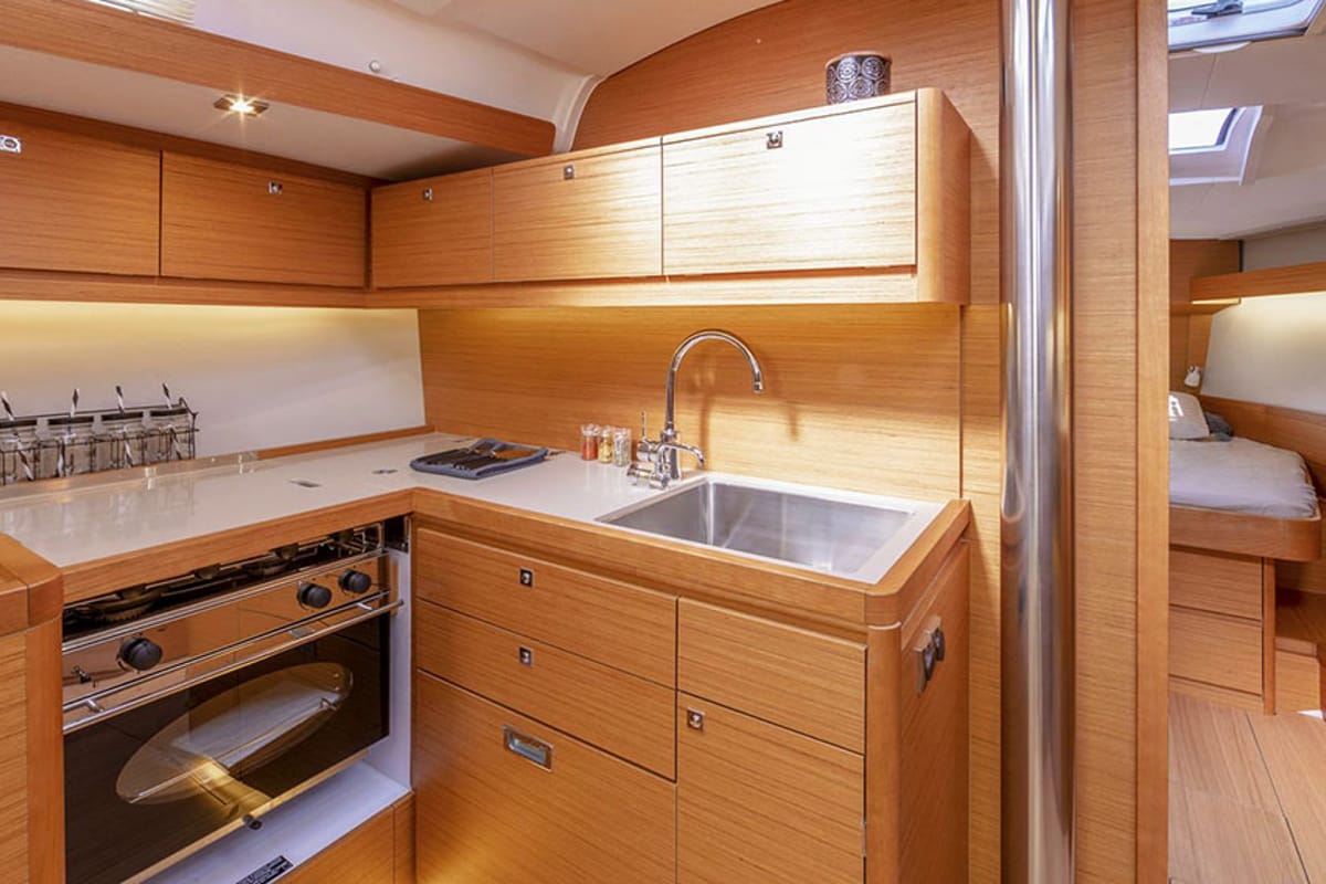 Galley of Trinity, a Dufour 430 sailboat at Athens, Greece