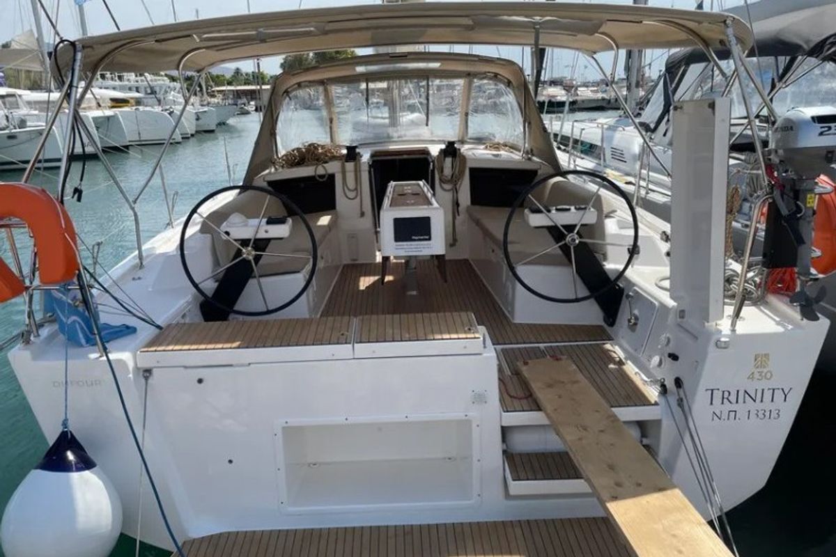 Cockpit of Trinity, a Dufour 430 sailboat at Athens, Greece