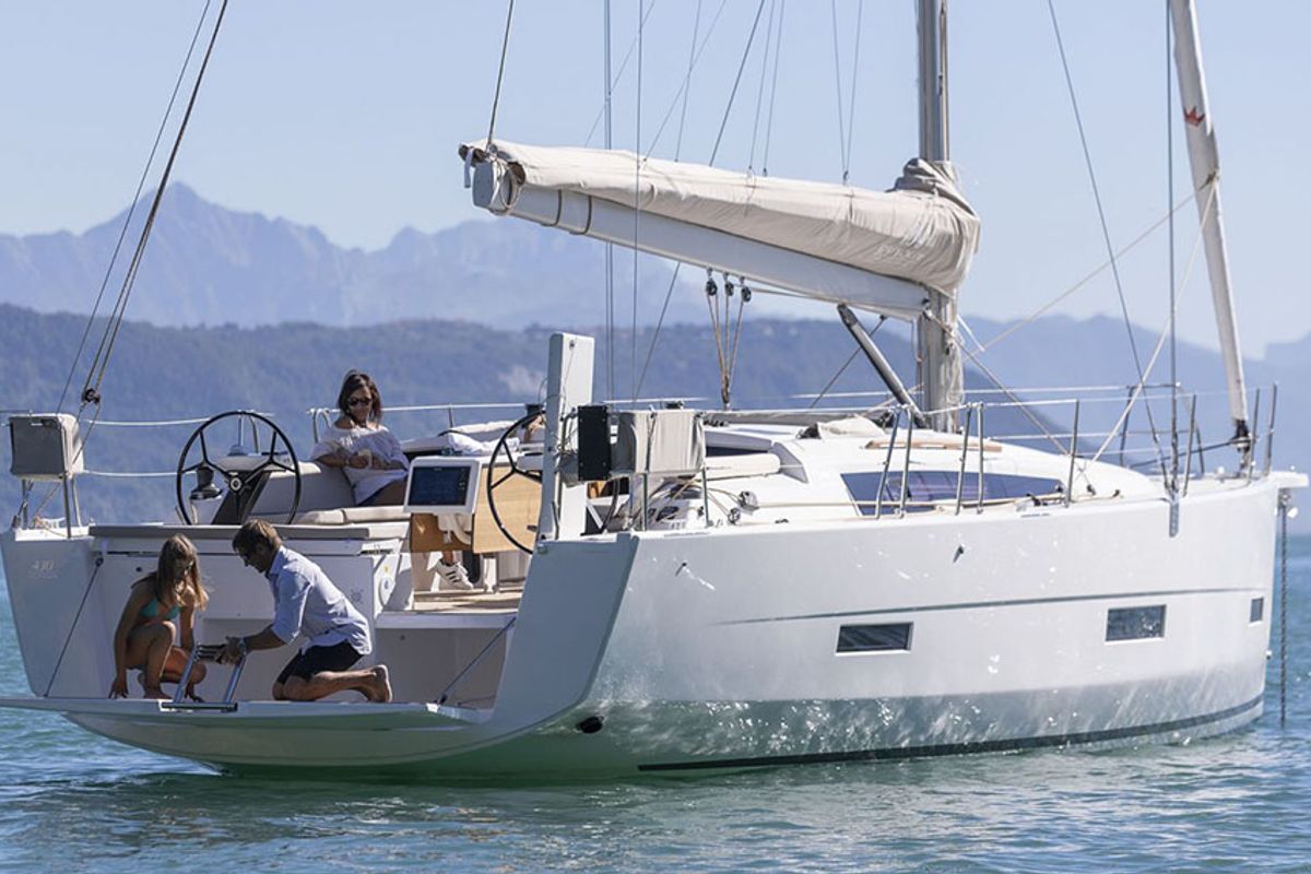Exterior view of Trinity, a Dufour 430 sailboat at Athens, Greece