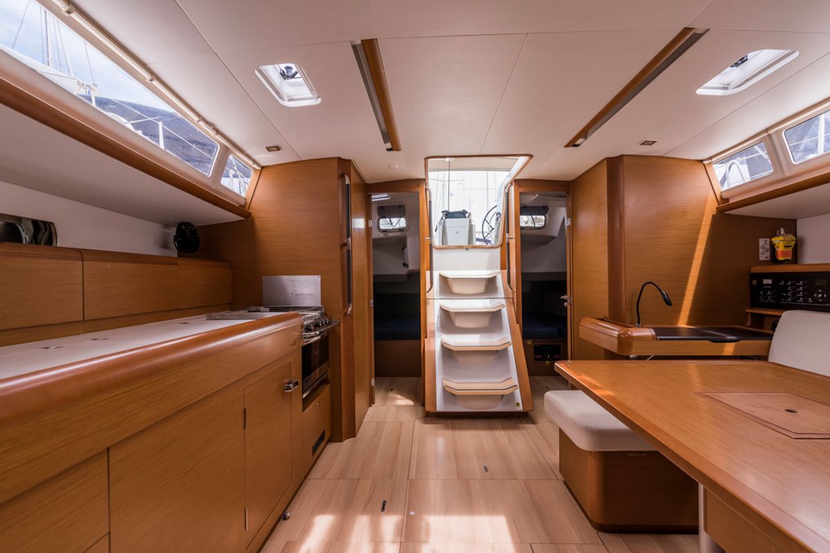Salon of Odysseus, a Jeanneau Sun Odyssey 479 sailboat at Tourlos, Greece