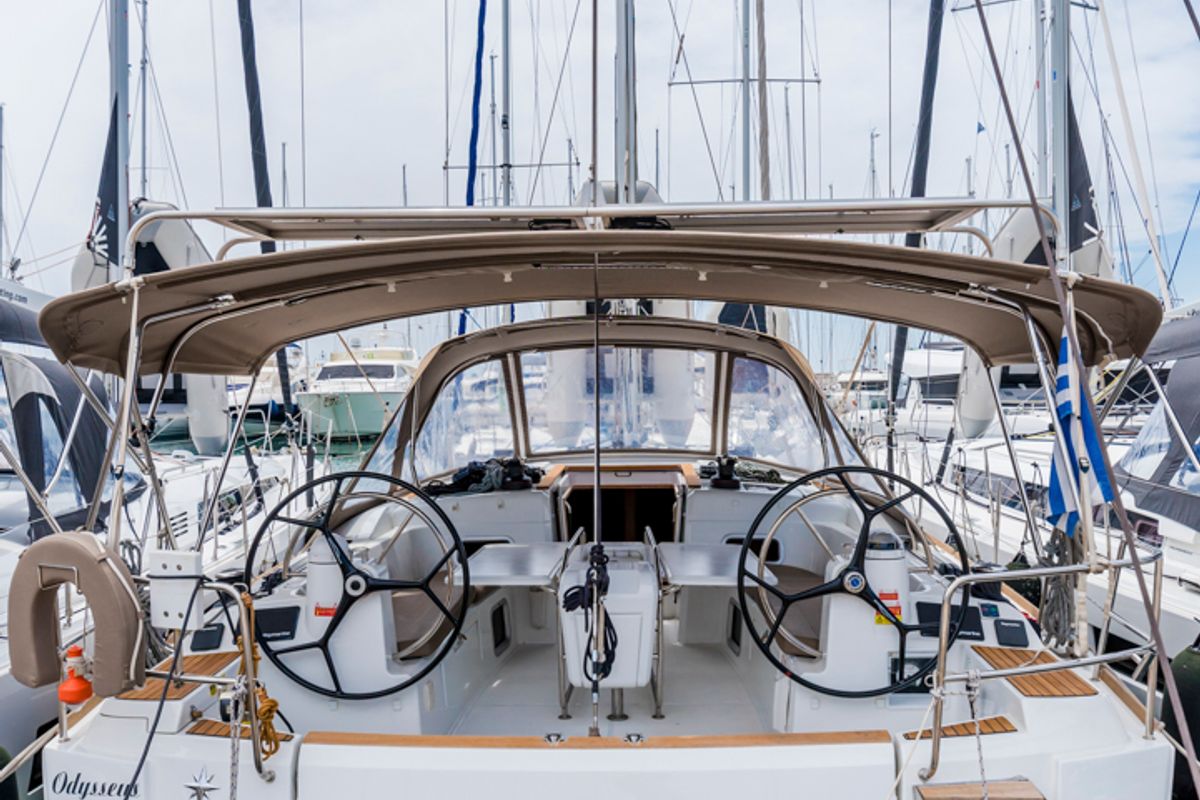 Exterior view of Odysseus, a Jeanneau Sun Odyssey 479 sailboat at Tourlos, Greece