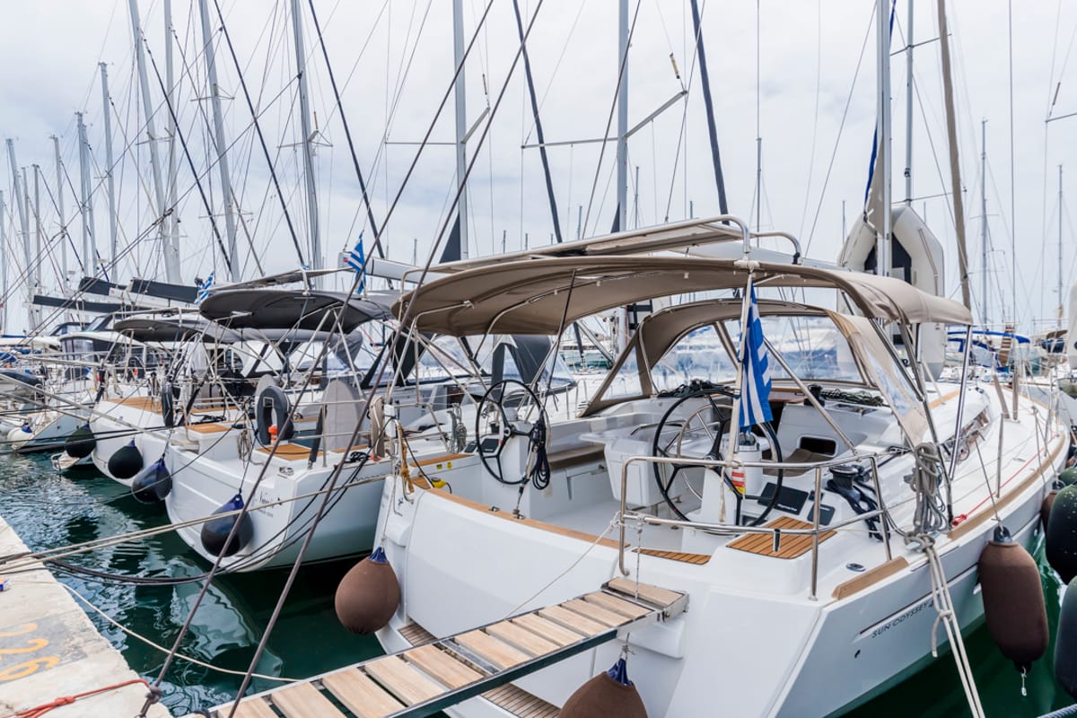Exterior view of Odysseus, a Jeanneau Sun Odyssey 479 sailboat at Tourlos, Greece