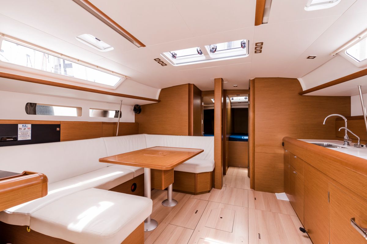 Salon of Odysseus, a Jeanneau Sun Odyssey 479 sailboat at Tourlos, Greece