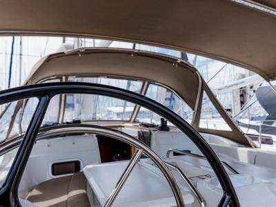 Cockpit of Odysseus, a Jeanneau Sun Odyssey 479 sailboat at Tourlos, Greece